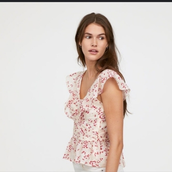 H&M Floral Peplum Flounce Sleeveless Blouse Size 0 - Picture 2 of 7